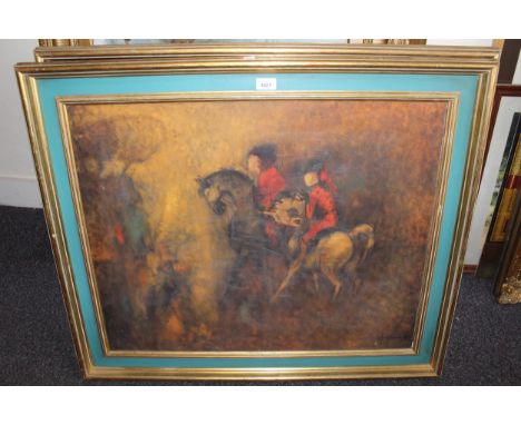 Pair of large textured coloured prints, figures on horseback and study of a bird, in green and gilt frames, bearing labels ve