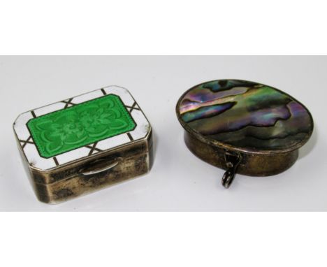 Small Chester silver enamel decorated pill box, (with damages) together with another silver pill box with abalone cover 