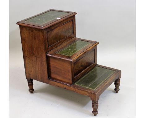 19th Century mahogany library step/ commode, with leather inset stepsSplits to boards on steps and showing in leather. Needs 