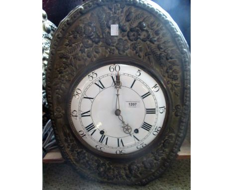 19th Century French Comtoise clock, the enamel dial with Arabic and Roman numerals within a typical embossed brass surround w