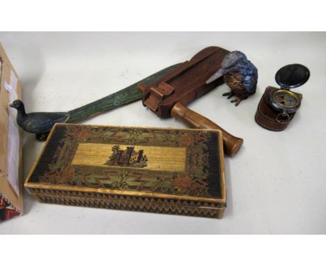 Rectangular straw work on cardboard box, wooden bird scarer, cold painted metal inkwell in the form of a Kingfisher and a pai