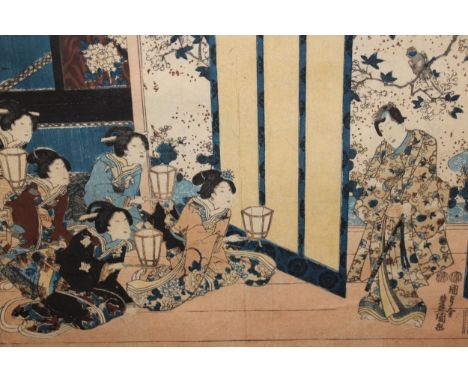 Folder of unframed Japanese woodblock prints, interior scenes, portrait and other scenes, larges 23cms x 34cmsPlease see addi