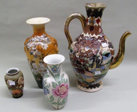 Satsuma pottery wine jug (with damages), together with two other Japanese vases and a Chinese vase 