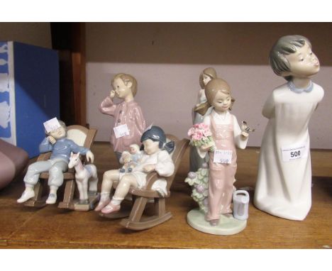 Collection of six various Lladro and Nao figuresFigure of girl with a bird on her hand - some minor losses to flowers, otherw