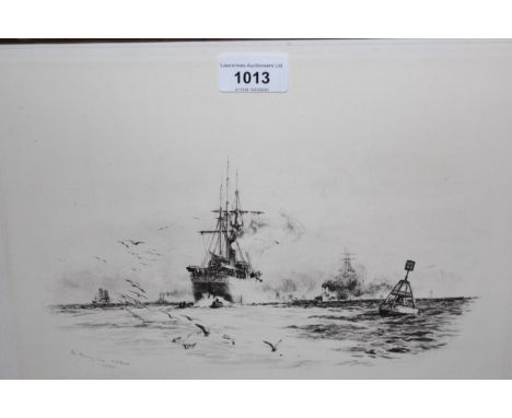 After W.L. Wyllie, pair of monochrome prints, battleships and shipping, 25cms x 35cms, framed 