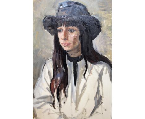 Sarah Hollebone, oil on canvas, portrait of a girl in a black bonnet, unsigned, 89cms x 49cms, framed 