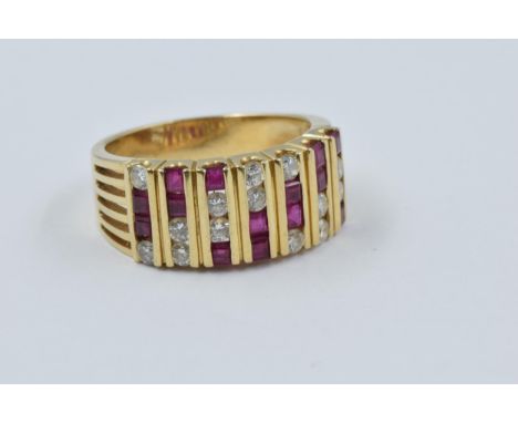 18ct Gold ruby and diamond ring of modern banded design, size 'N', 6.5g 