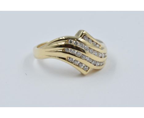 9ct Gold ring set four bands of diamonds, size 'O', 4.6g 