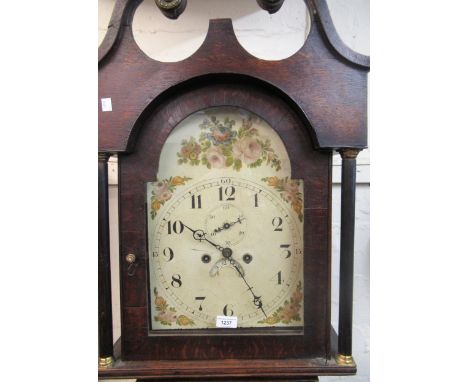 George III oak longcase clock, the floral painted arched top dial with Arabic numerals, subsidiary seconds and date aperture,