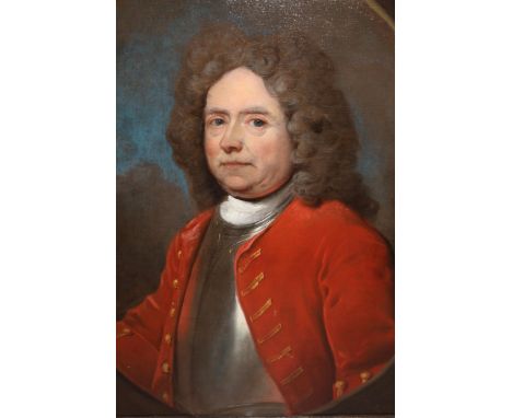 Attributed to Michael Dahl (circa 1693 - 1743), oil on canvas, portrait of a gentleman in armour wearing a red jacket, painte