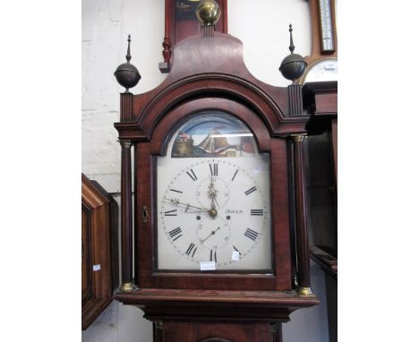 George III mahogany longcase clock with broken arch hood, moulded arched panel door and conforming plinth, the painted dial w