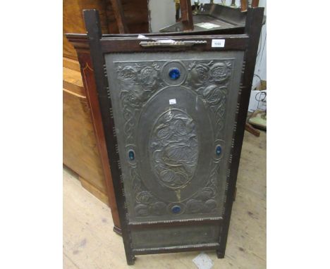 Unusual Arts & Crafts beechwood two fold draught screen, with two floral embossed pewter panels, inset with enamel plaques, o