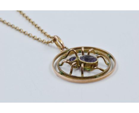 9ct Gold amethyst set spider pendant on chain, 3.8g 