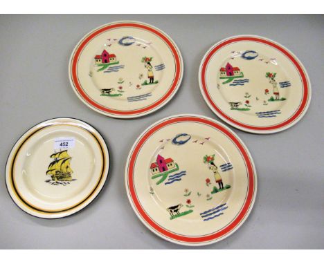 Three Minton printed and enamel decorated Noah's Ark plates, together with a Minton's plate decorated with a ship by Reginald