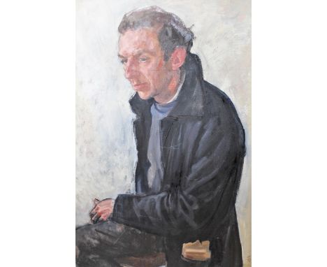 Sarah Hollebone, oil on canvas, portrait of a seated man, signed with monogram, 88cms x 58cms, framed 