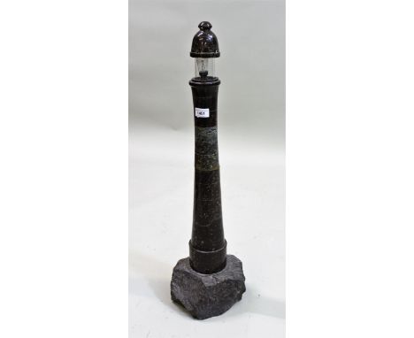 Large late 19th / early 20th Century carved and turned serpentine marble lighthouse form table lamp, 63.5cms high (at fault)C