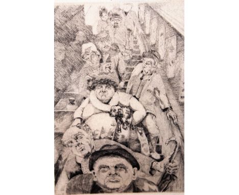 Limited edition etching, figures on an escalator, indistinctly signed, 56cm x 37cm including margins 