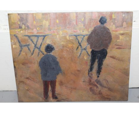 Pair of unframed oils on panel, two figures in a street at night and a river scene with two figures to the foreground, both 1