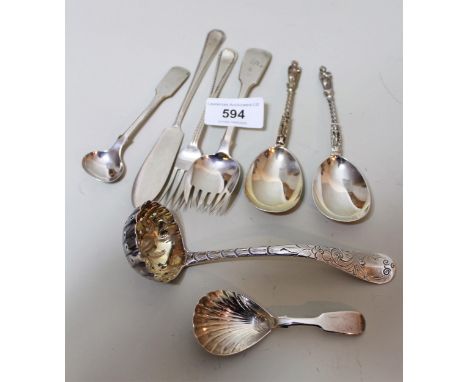 Quantity of various silver flatware including a pair of 19th Century ladles, 9oz t 