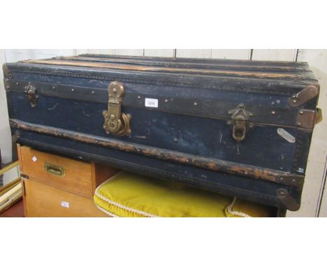 French brass mounted blue fibre trunk, with Swiss retailers label for Chamay Fils Lausanne, 100 x 57 x 34cms high 