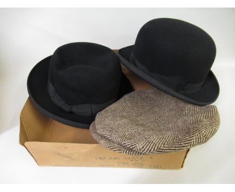 Gentleman's bowler hat, black trilby hat, flat cap, quantity of kid leather gloves, pair of spats, gentleman's tie, three var
