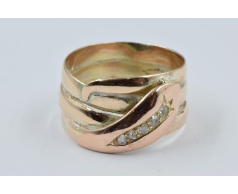 9ct Gold diamond set wide serpent ring, size 'R', 5.8g 