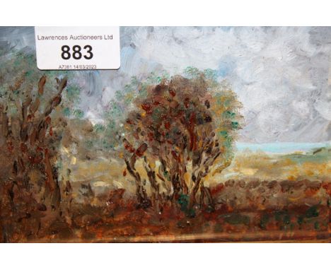After Constable, small oil on board, trees in a landscape, 11cms x 16cms approximately, gilt framed 