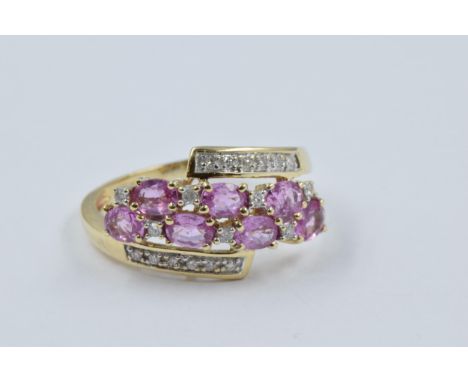 9ct Yellow gold diamond and pink stone dress ring, size 'N', 2.4g 