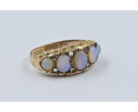 Antique 9ct gold graduated opal and old cut diamond set half hoop ring, (size reduced), size 'L', 2g 