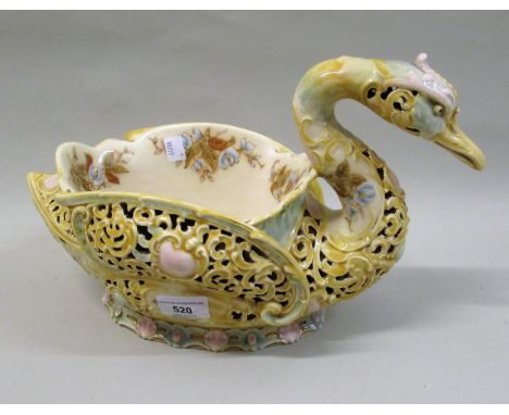 Zsolnay pottery vase in the form of a swan with floral and reticulated  decoration, 36cms wide x 22cms highNeck restored, var