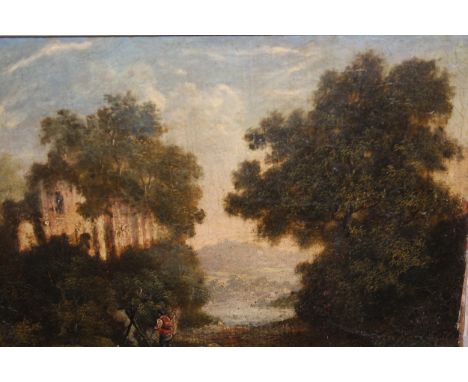 Late 18th Century oil on canvas laid on panel, classical landscape with ruins and figure by a fire to the foreground, 18cms x