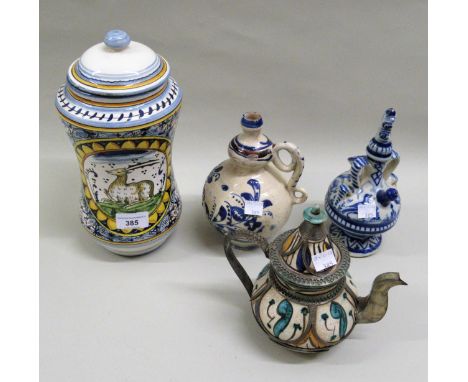 20th Century Italian albarello decorated with a deer seated in a landscape, 28.5cms high including the cover, together with a