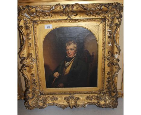 19th Century English school after C.A. Leslie, oil on canvas, portrait of Sir Walter Scott, seated half length in an arched t