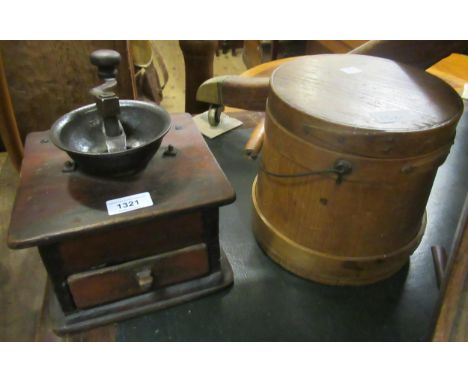 Early 20th Century coffee grinder and a small wooden bucket with cover 