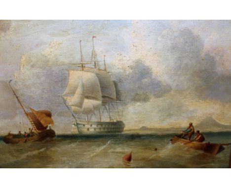 B.M. Drummond signed, early 19th Century oil on panel, maritime scene with three masted gun ship and figures in open boats, 2