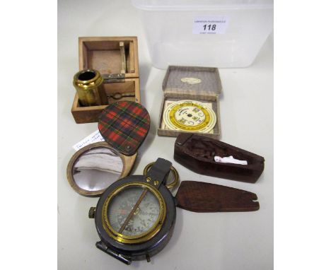 19th Century tartan ware pocket mirror, snuff box in the form of a coffin, Negretti & Zambra pocket forecaster, pocket compas