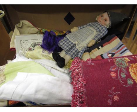 Two suitcases containing a large quantity of mid 20th Century vintage clothing, handkerchiefs, table linen, throws, wall hang