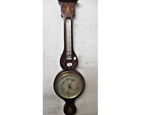 Edwardian mahogany and marquetry inlaid banjo shaped aneroid barometer / thermometer, the silvered dial signed CSSA Ltd., Lon