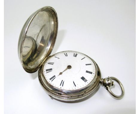 Silver cased pocket watch, the enamel dial with Roman numerals and single train key wind movement, (at fault) 
