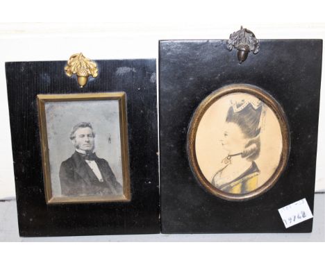 Watercolour, profile portrait miniature of a lady, framed together with a framed Victorian photograph and an unframed Victori