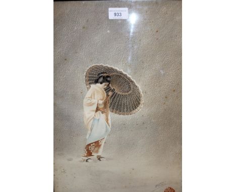 Japanese print of a Geisha in a snowstorm, in ebonised frame, 48cms x 31cms 