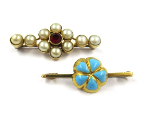 Yellow metal garnet and split cultured pearl brooch together with a 9ct gold bar broochOne pearl has blemish. Crack to blue e