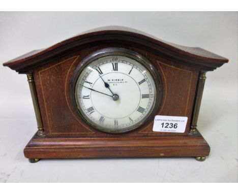 Edwardian mahogany and line inlaid mantel clock with enamel dial and Roman numerals, signed Kibble, together with another sim