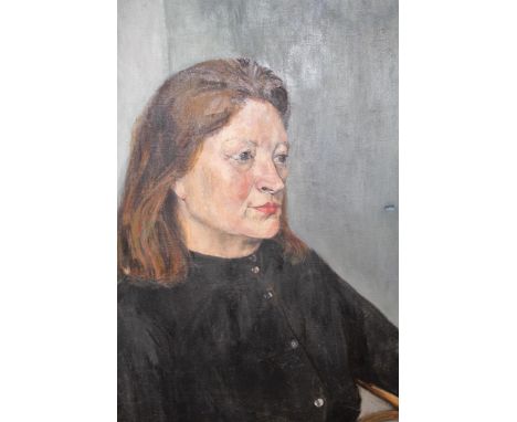 Merle Curtis, mid 20th Century oil on canvas, head and shoulder portrait of a seated lady in a black blouse, bearing exhibiti