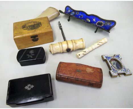Antique bone handled corkscrew, bone bodkin, Mauchline ware box, four snuff boxes, micro mosaic miniature photograph frame an