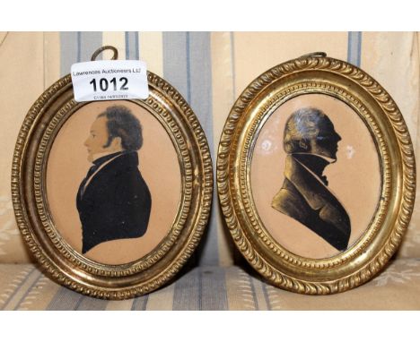 19th Century oval miniature half-length profile portrait of a gentleman, in brass frame and another gilt highlighted, black s