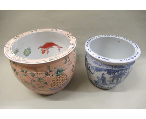 Reproduction Chinese ceramic fish bowl, decorated with birds and fish, together with a similar blue and white figure decorate