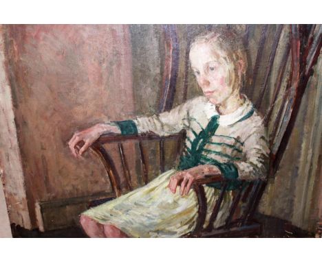 Sarah Hollebone, oil on canvas, portrait of a girl seated in a chair, signed, 71cms x 92cms, unframed 