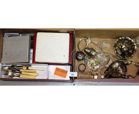 Two boxes containing a quantity of various cased and loose silver plated flatware and other silver plated items 