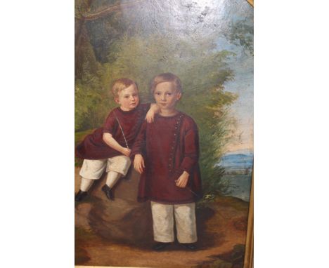 19th Century English school oil on board, portrait of two children, both wearing brown smocks and each holding a riding crop 